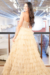 Golden Tulle Princess Strapless Tiered Long Prom Dress with Slit